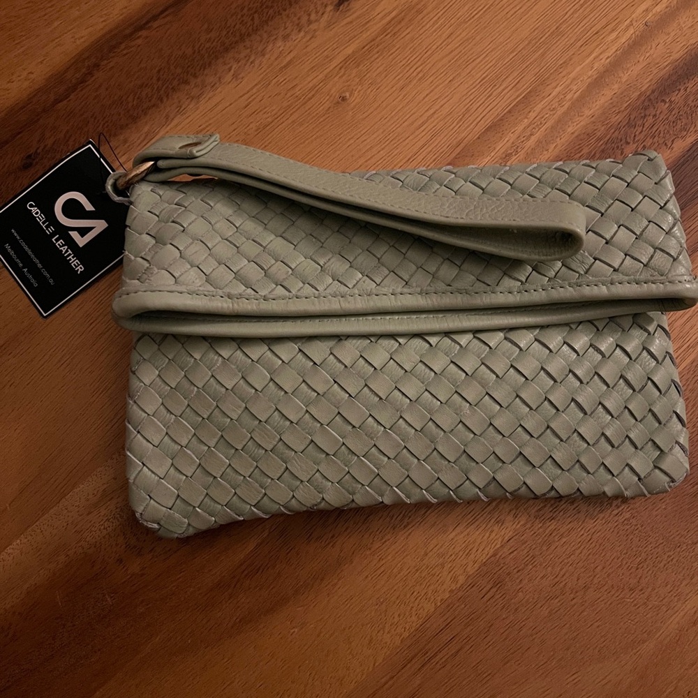 NWT Cadelle Leather Luna Weave Mint Clutch